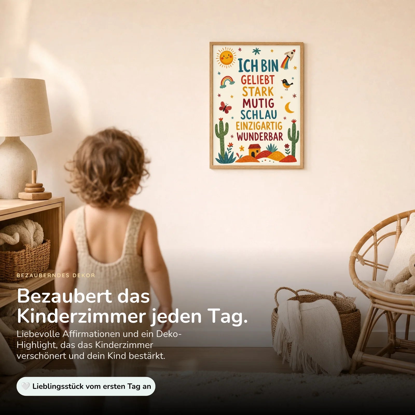 Affirmationsposter Kinderzimmer WĂĽste Ich bin geliebt, im Kinderzimmer an der Wand