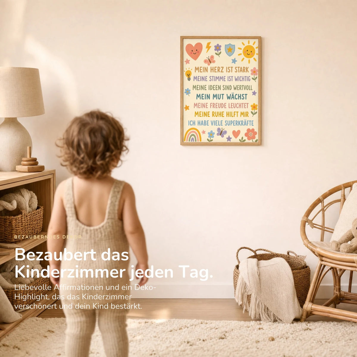 Kind vor dem Affirmationsposter âBlumenwiese SuperkrĂ€fteâ an der Wand â Bilder fĂŒrs Kinderzimmer