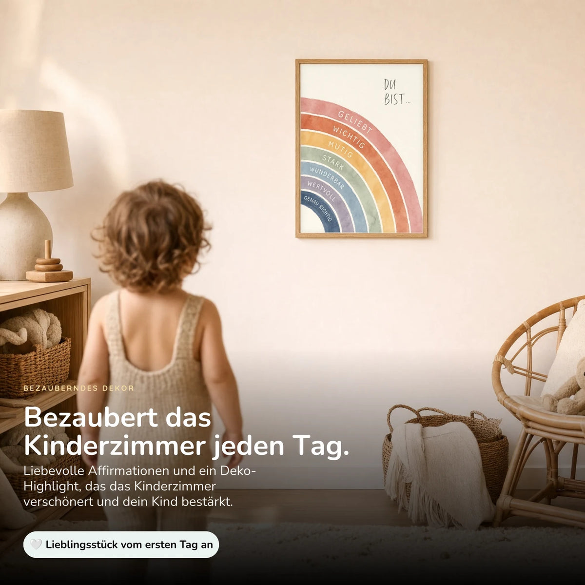 Kind vor dem Affirmationsposter âRegenbogen Du bistâ an der Wand â Bilder fĂŒrs Kinderzimmer