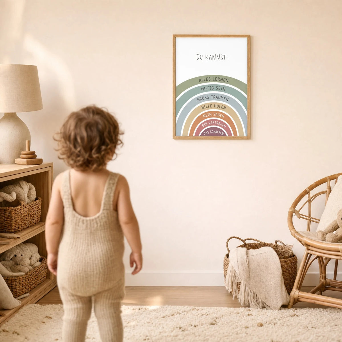 Kind vor dem Affirmationsposter âRegenbogen Du kannstâ an der Wand â Bilder fĂŒrs Kinderzimmer