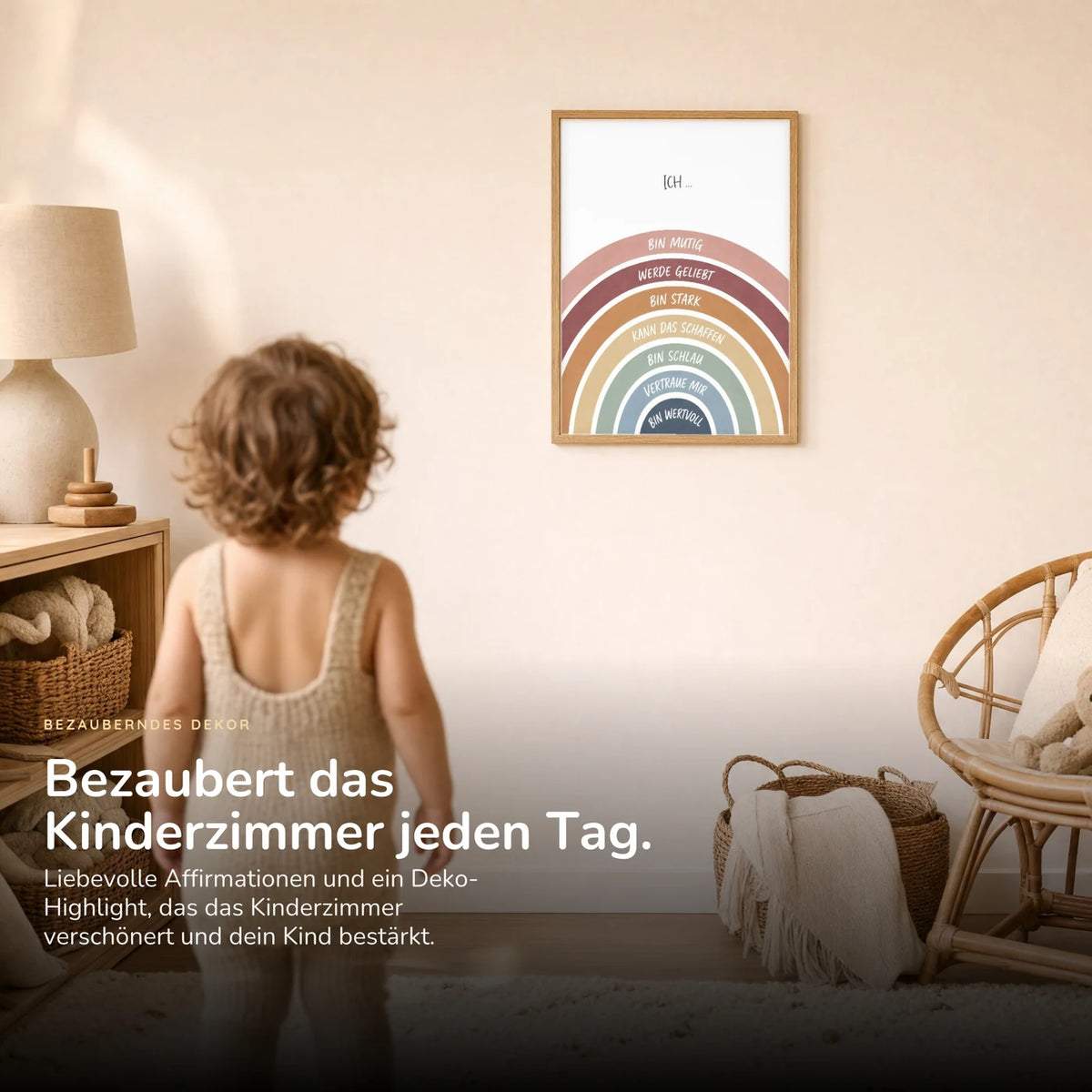 Kind vor dem Affirmationsposter âRegenbogen Ich bin mutigâ an der Wand â Bilder fĂŒrs Kinderzimmer