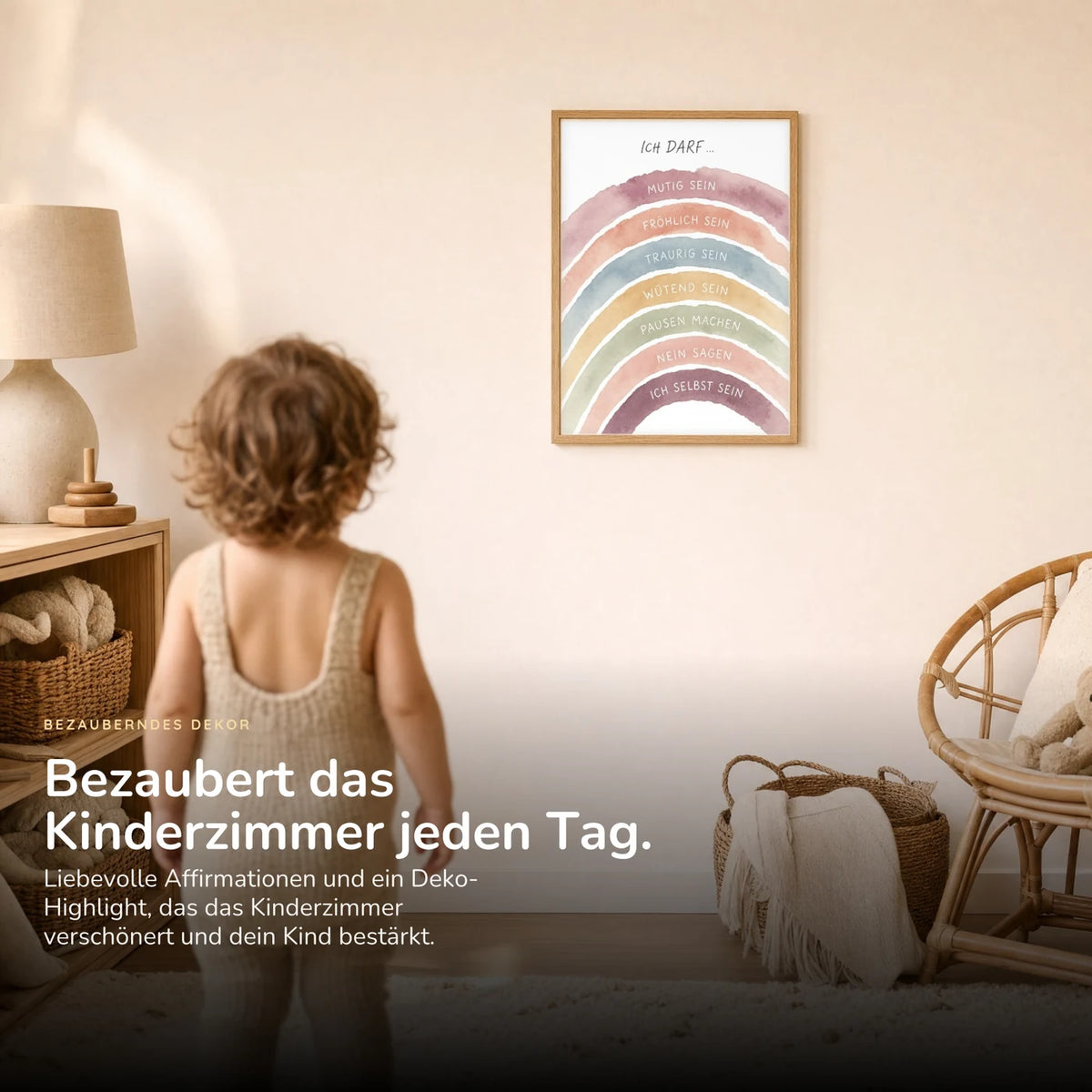 Kind vor dem Affirmationsposter âRegenbogen Ich darfâ an der Wand â Bilder fĂŒrs Kinderzimmer