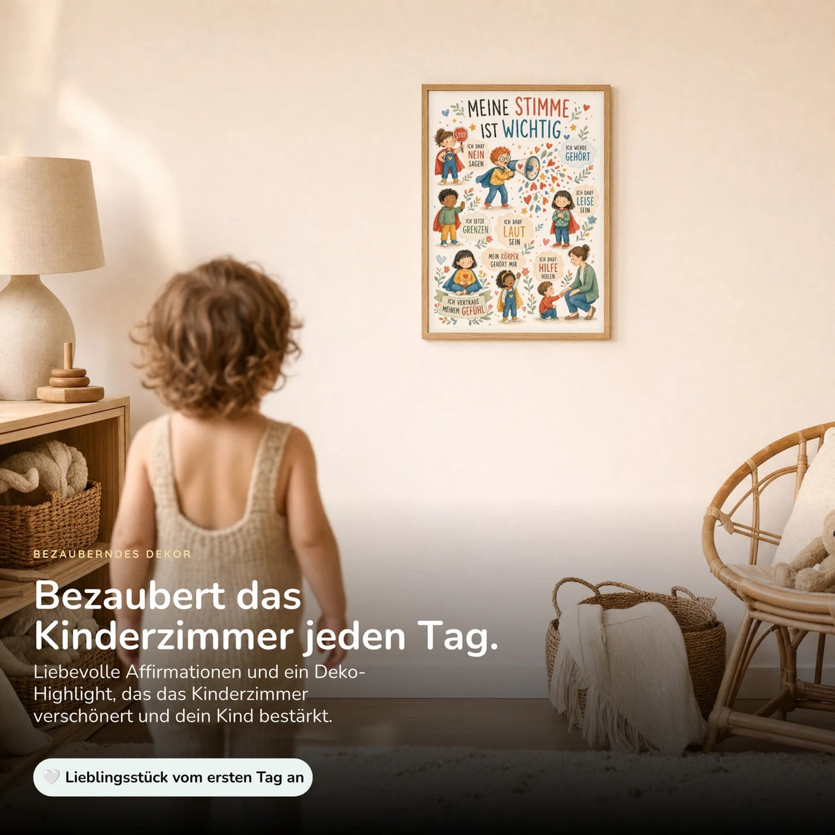 Kind vor dem Affirmationsposter âWimmelbild Meine Stimmeâ an der Wand â Bilder fĂŒrs Kinderzimmer