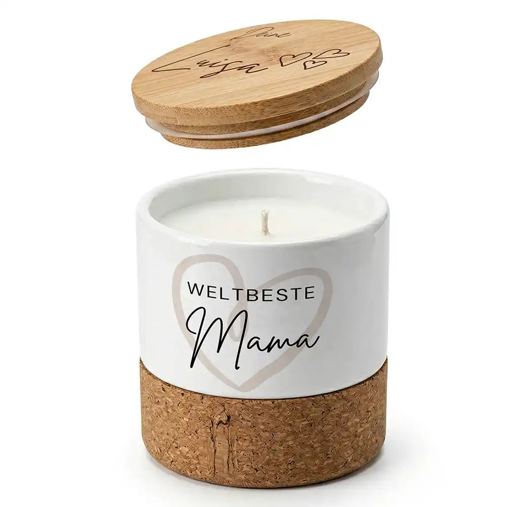 Duftkerze Vanille Keramik Weltbeste Mama Herz â Boho-Stil mit Bambusdeckel
