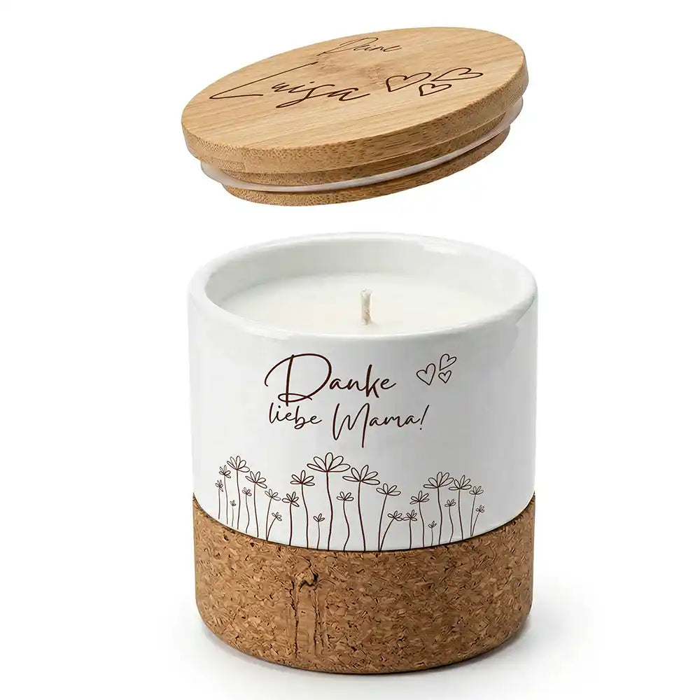 Duftkerze Vanille Keramik Danke Mama Wildblumen â Boho-Stil mit Bambusdeckel