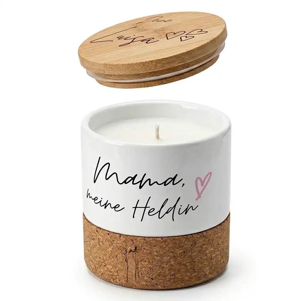 Duftkerze Vanille Keramik Mama meine Heldin â Boho-Stil mit Bambusdeckel