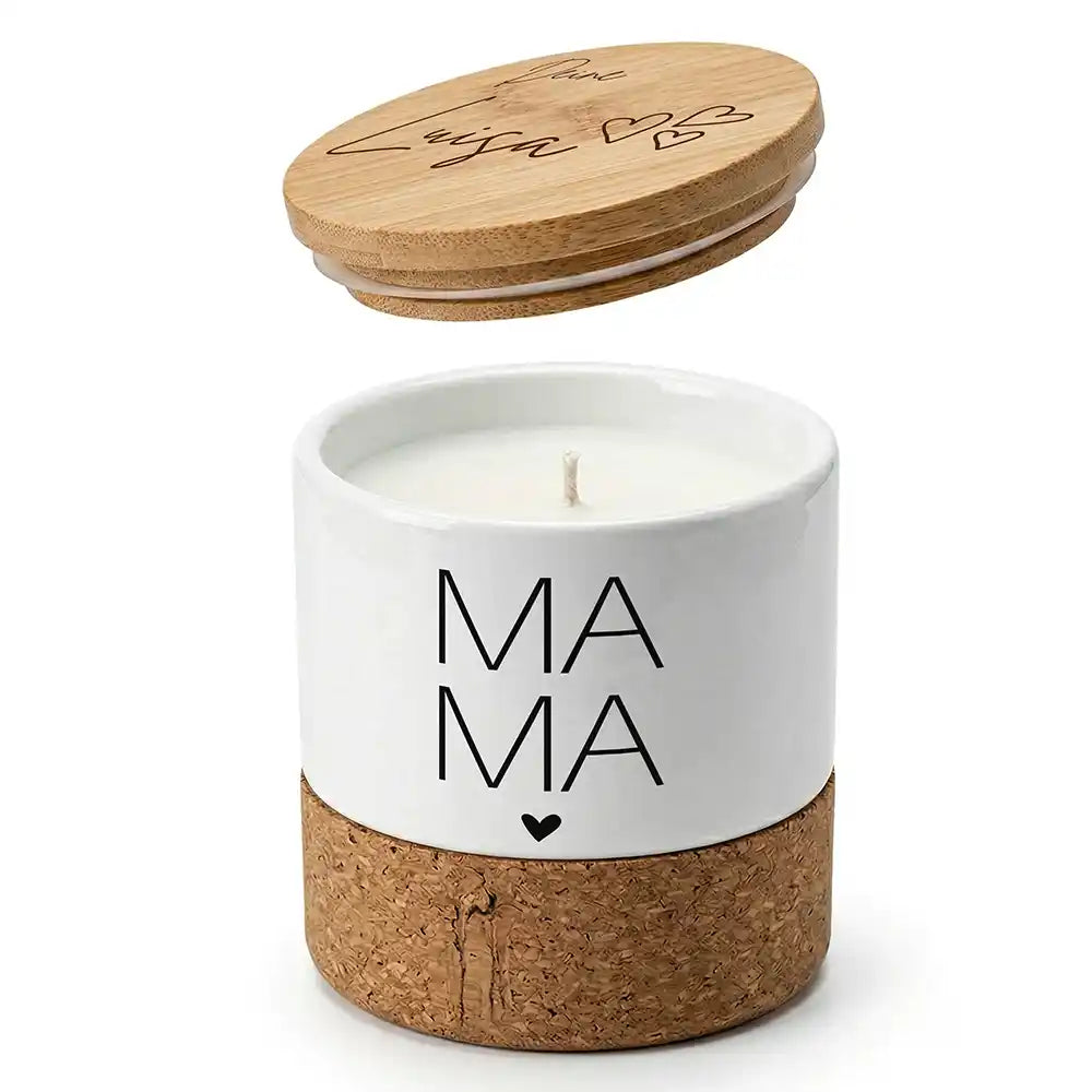 Duftkerze Vanille Keramik Mama Typografie – Boho-Stil mit Bambusdeckel