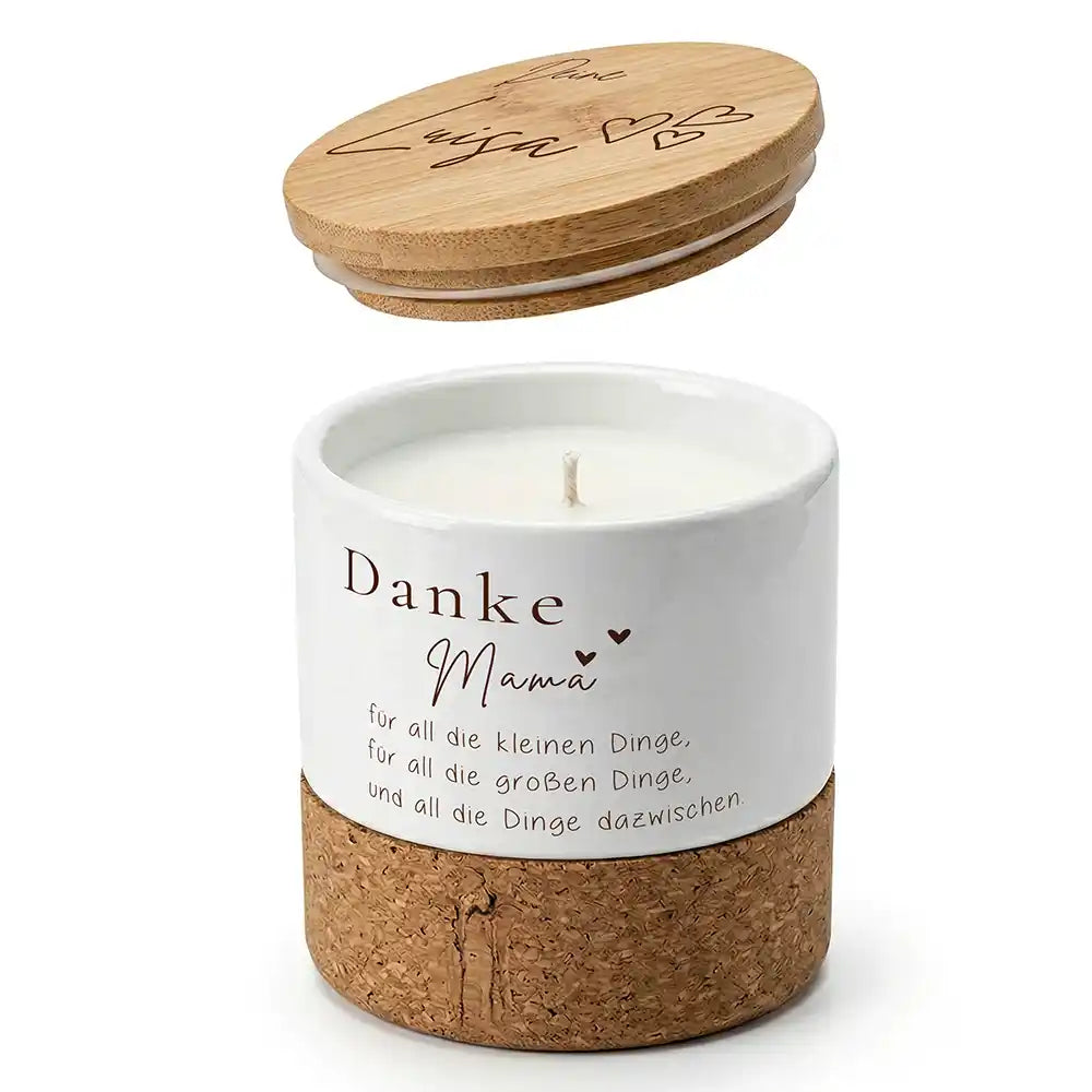 Duftkerze Vanille Keramik Danke Mama Herzen â Boho-Stil mit Bambusdeckel