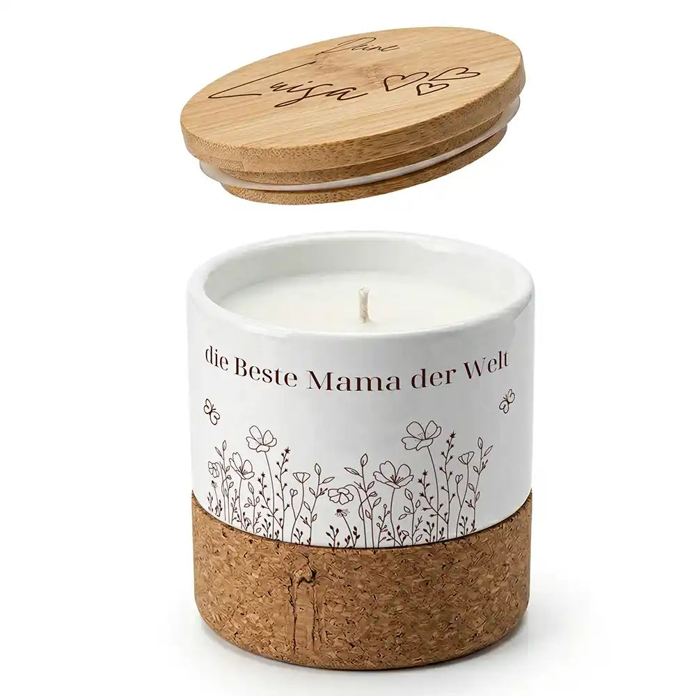 Duftkerze Vanille Keramik Beste Mama Wildblumen â Boho-Stil mit Bambusdeckel