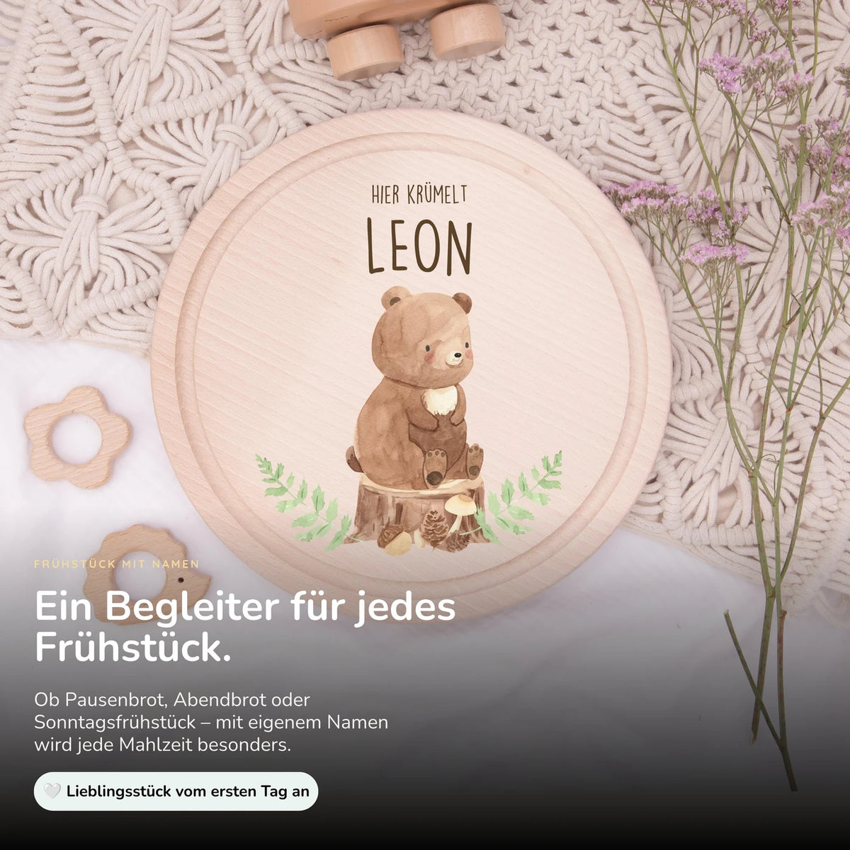 Rundes personalisiertes Frühstücksbrettchen Bär mit Namen für Kinder