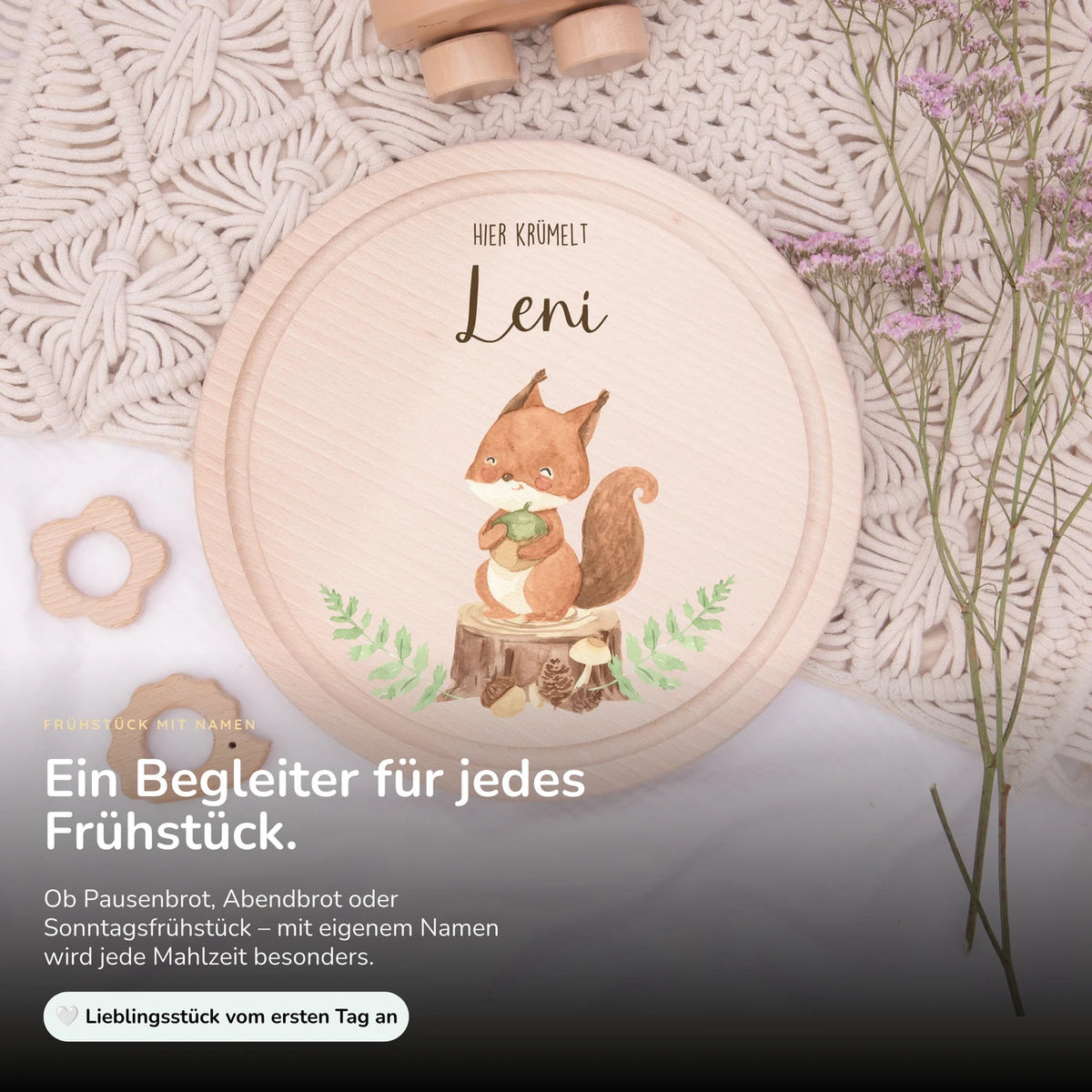 Rundes personalisiertes Frühstücksbrettchen Eichhörnchen mit Namen für Kinder