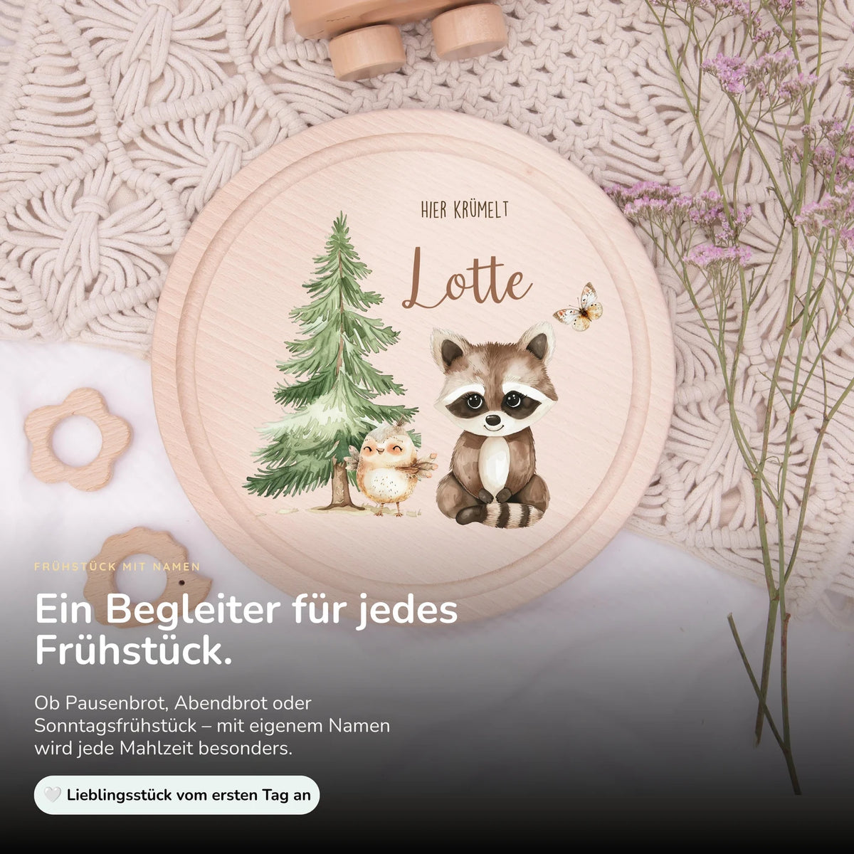 Rundes personalisiertes Frühstücksbrettchen Reh Waldtiere mit Namen für Kinder