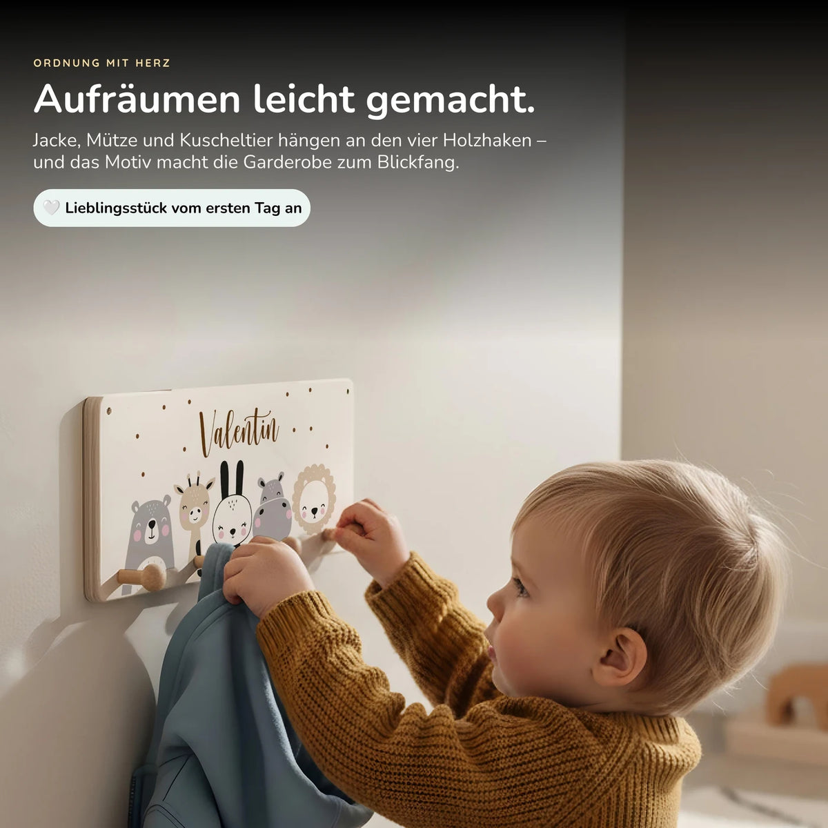 Kindergarderobe Holz personalisiert - Tierfamilie
