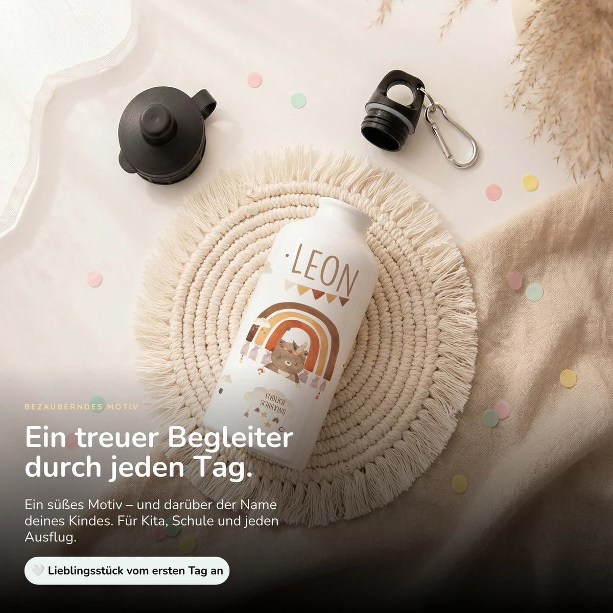 Personalisierte Trinkflasche Kinder – Bär Regenbogen Schulkind