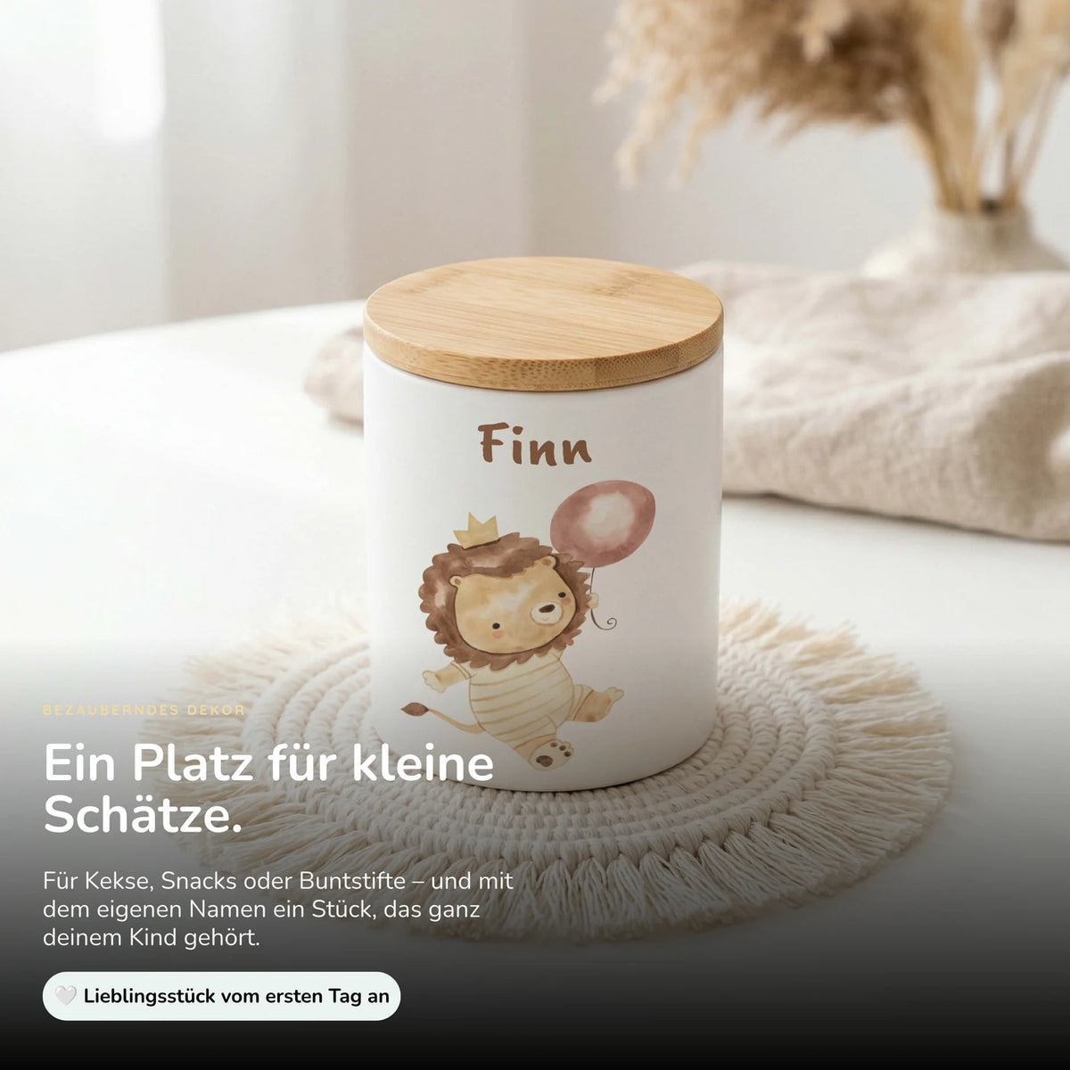 Personalisierte Keksdose Löwe Geburtstag – Keramik & Bambus mit Wunschname