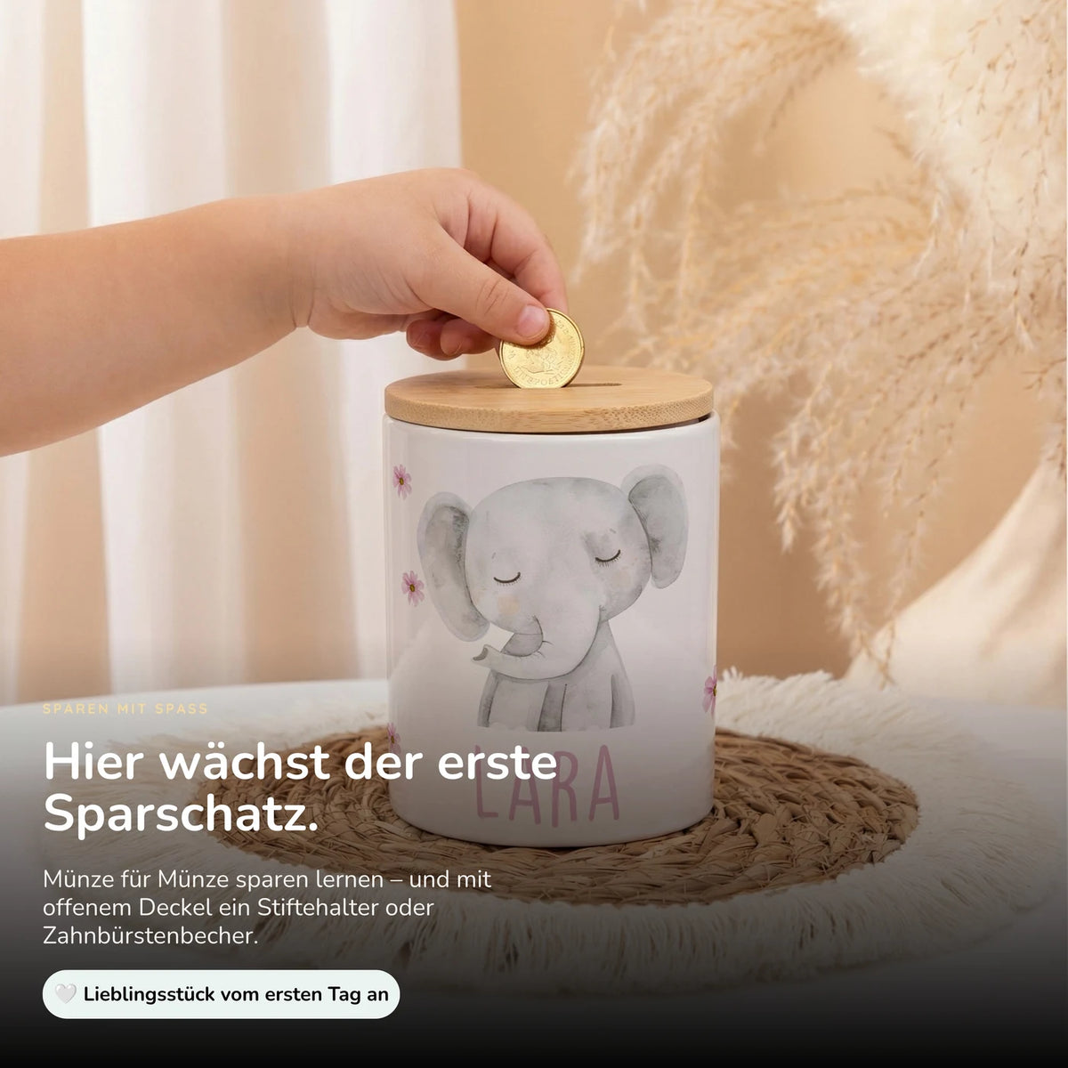 Personalisierte Spardose Elefant Blumen â Keramik & Bambus mit Wunschname