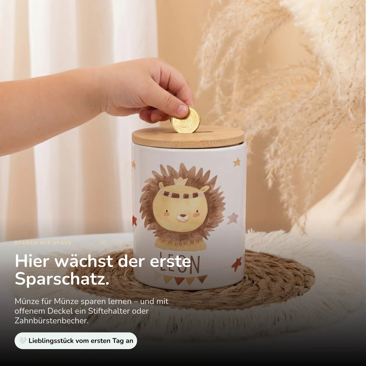 Personalisierte Spardose Löwe Boho â Keramik & Bambus mit Wunschname