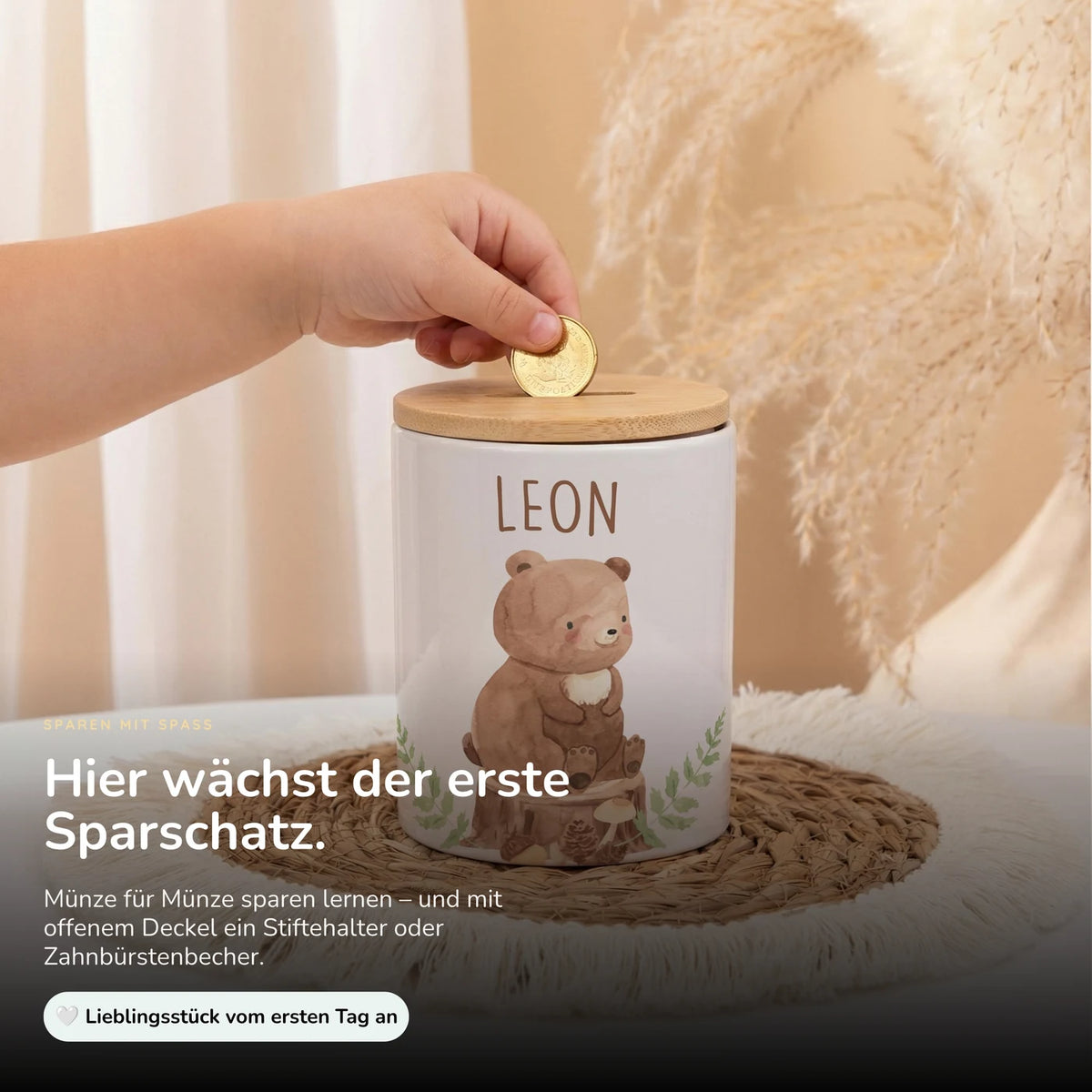 Personalisierte Spardose BĂ€r Wald â Keramik & Bambus mit Wunschname