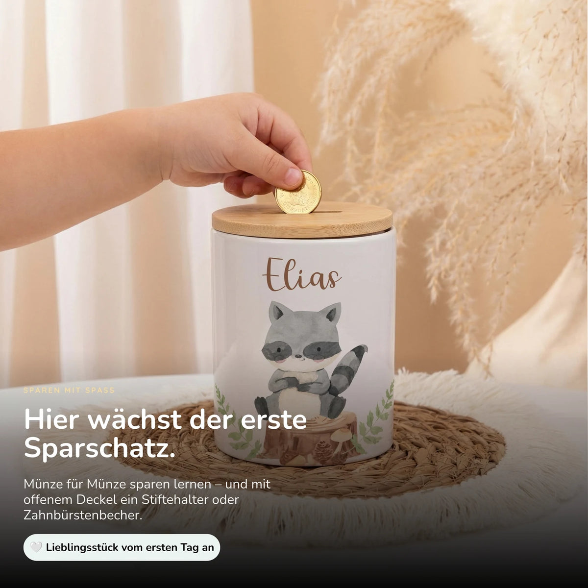 Personalisierte Spardose WaschbĂ€r Wald â Keramik & Bambus mit Wunschname