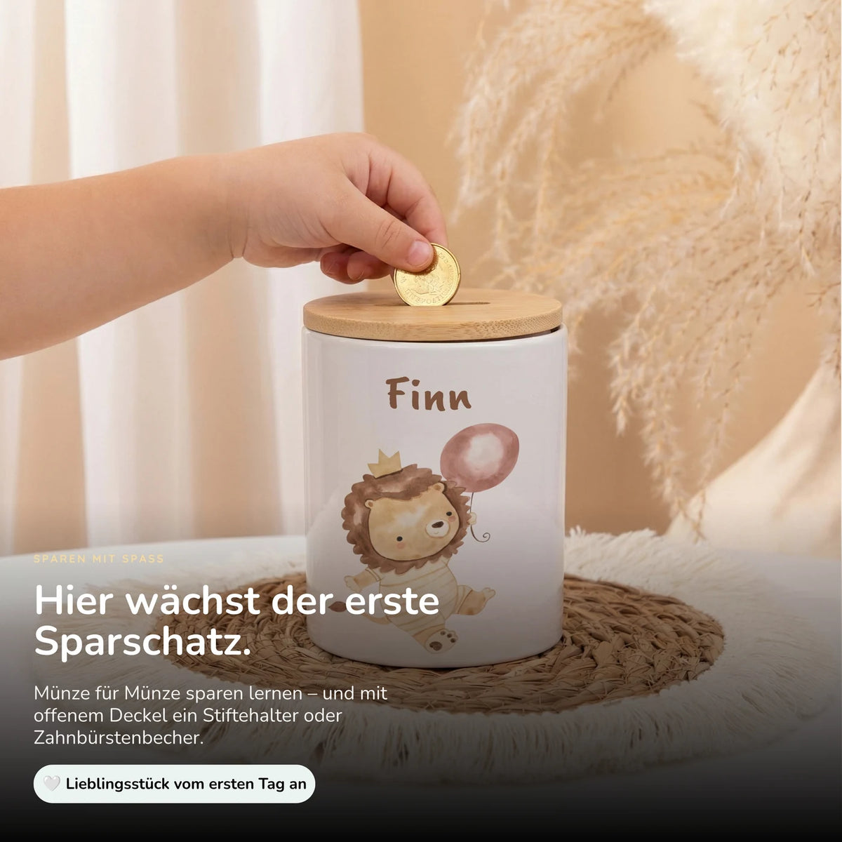 Personalisierte Spardose Löwe Geburtstag â Keramik & Bambus mit Wunschname
