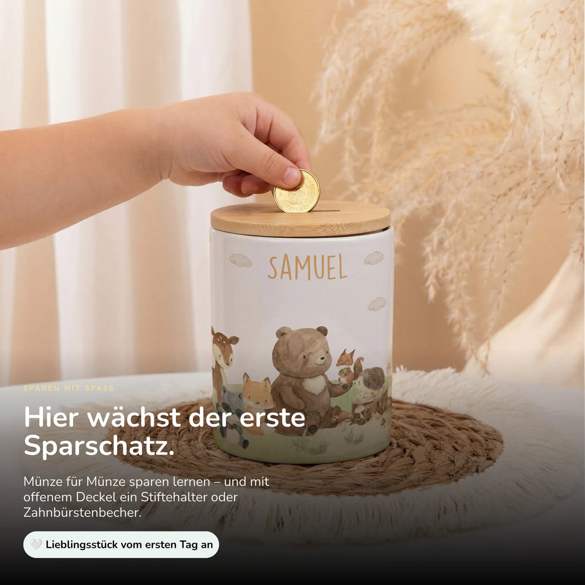 Personalisierte Spardose Waldfreunde IV – Keramik & Bambus mit Wunschname