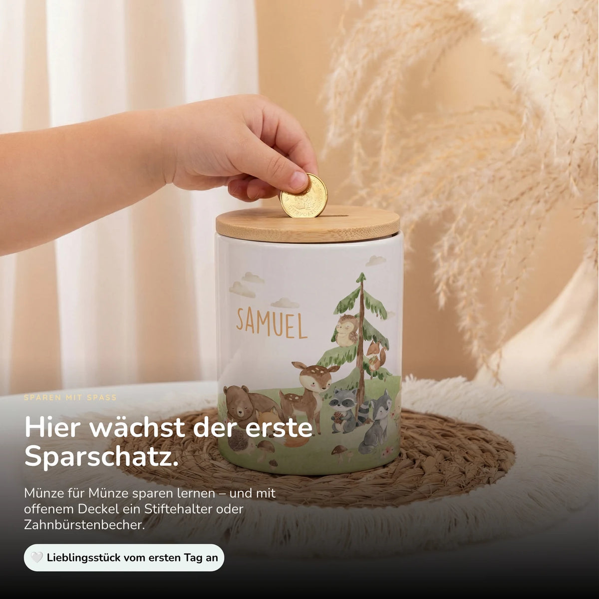 Personalisierte Spardose Waldszene V â Keramik & Bambus mit Wunschname
