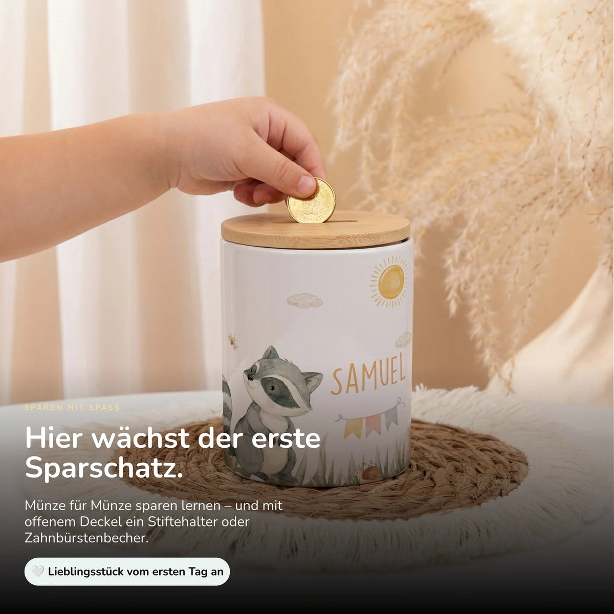 Personalisierte Spardose WaschbĂ€r Sommer â Keramik & Bambus mit Wunschname