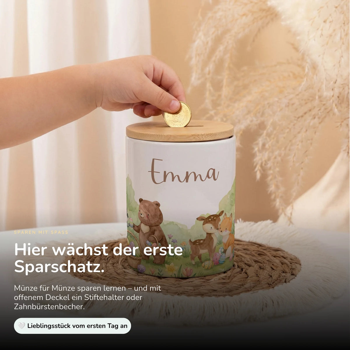 Personalisierte Spardose Ostern BĂ€renfamilie â Keramik & Bambus mit Wunschname