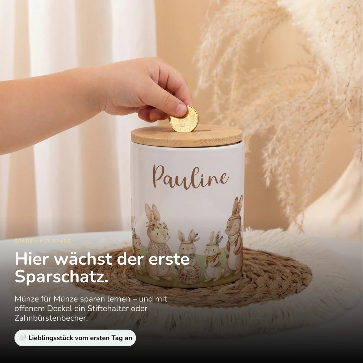 Personalisierte Spardose Boho-Hasen – Keramik & Bambus mit Wunschname