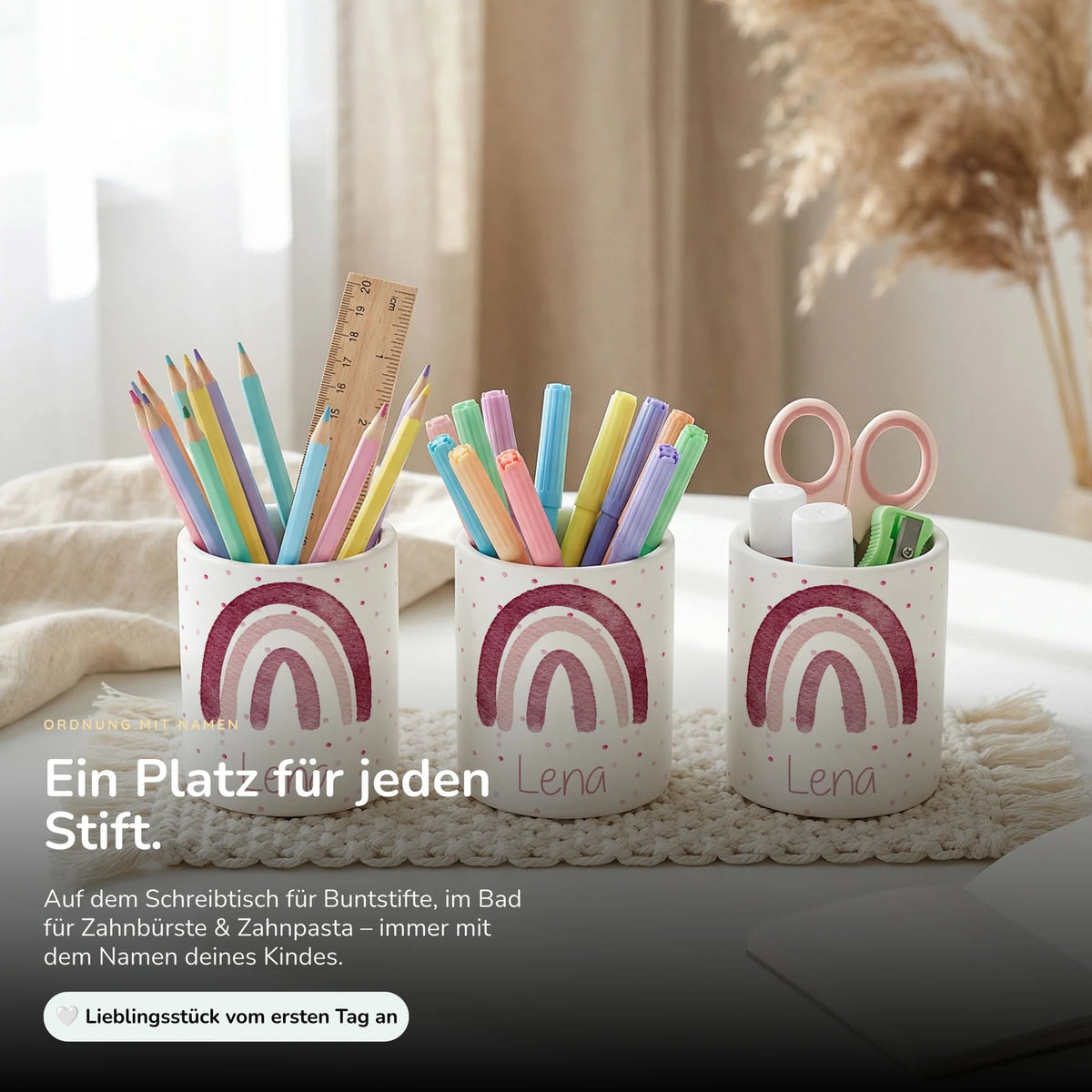 Personalisierter Stiftehalter Regenbogen Rosa – Keramik mit Wunschname