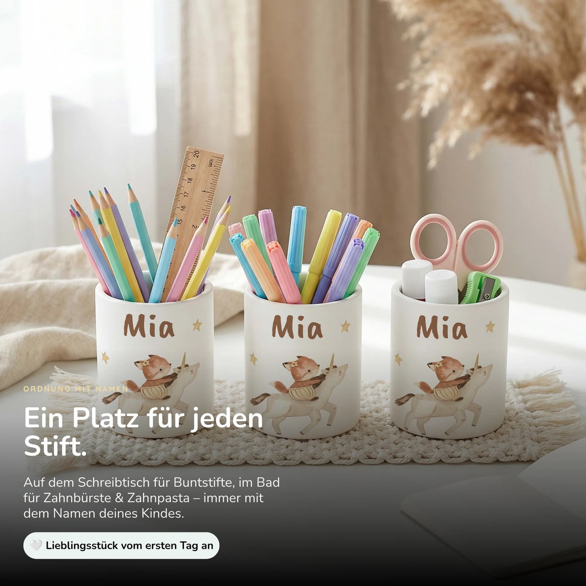 Personalisierter Stiftehalter Fuchs & Einhorn – Keramik mit Wunschname