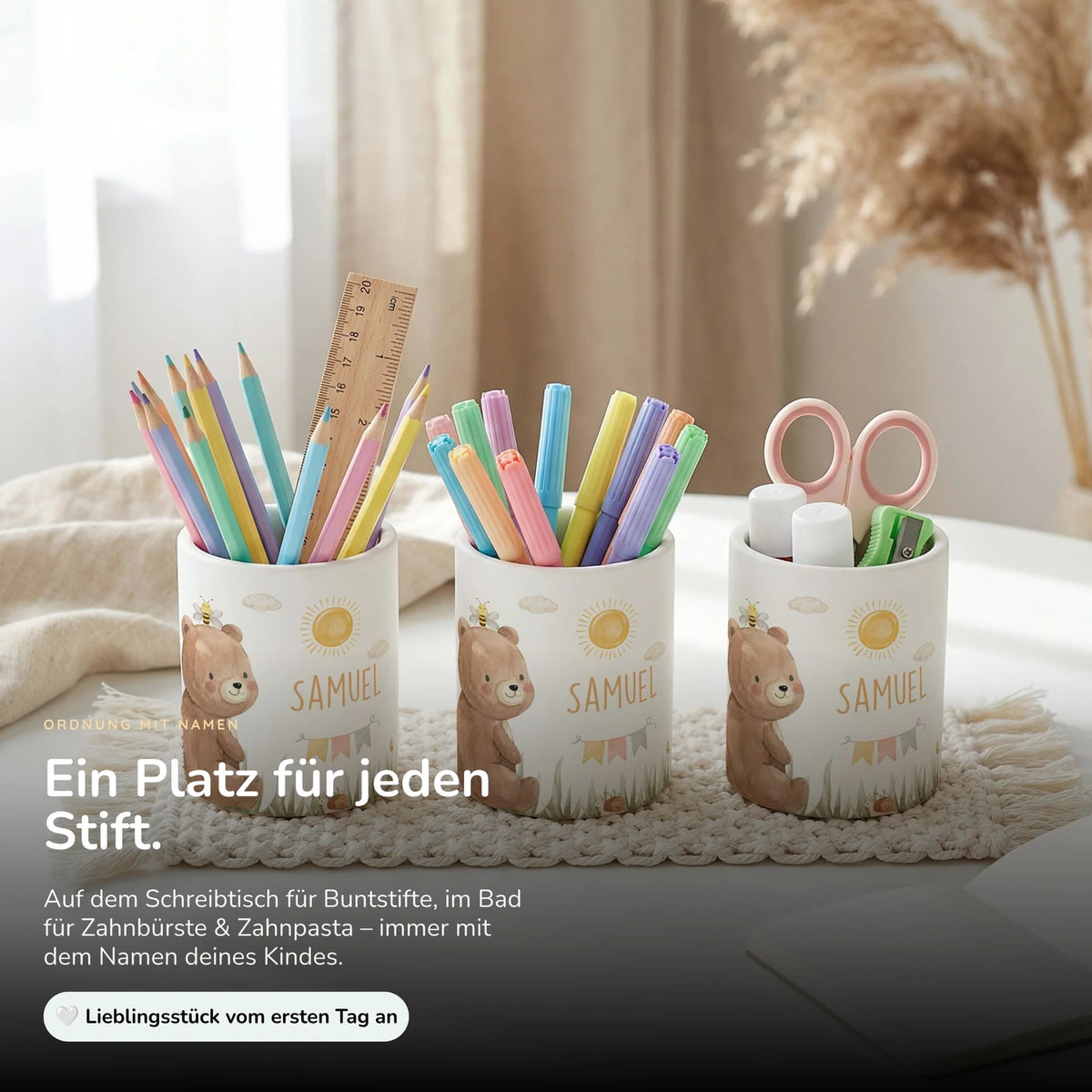 Personalisierter Stiftehalter Bär Sommer – Keramik mit Wunschname