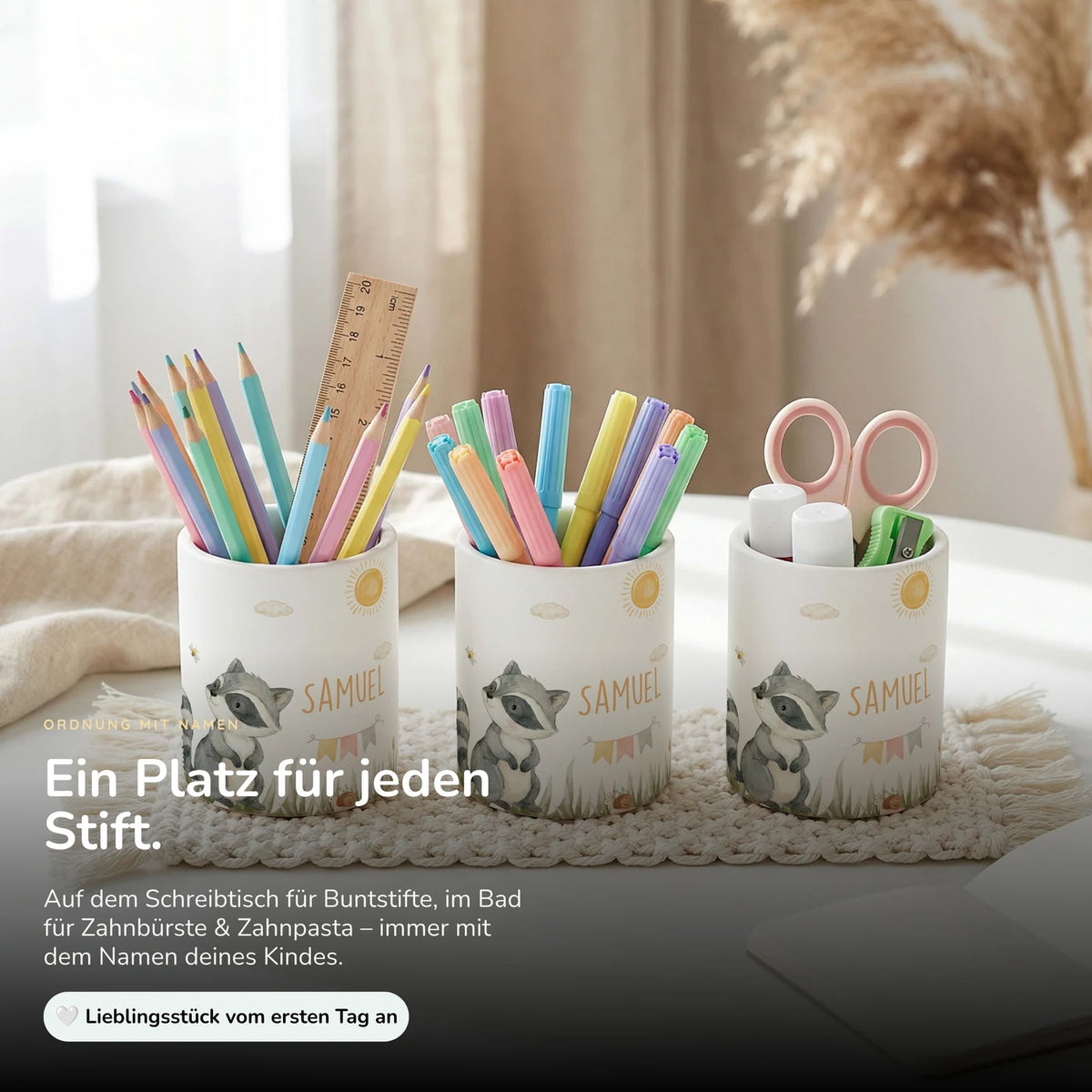 Personalisierter Stiftehalter WaschbĂ€r Sommer â Keramik mit Wunschname