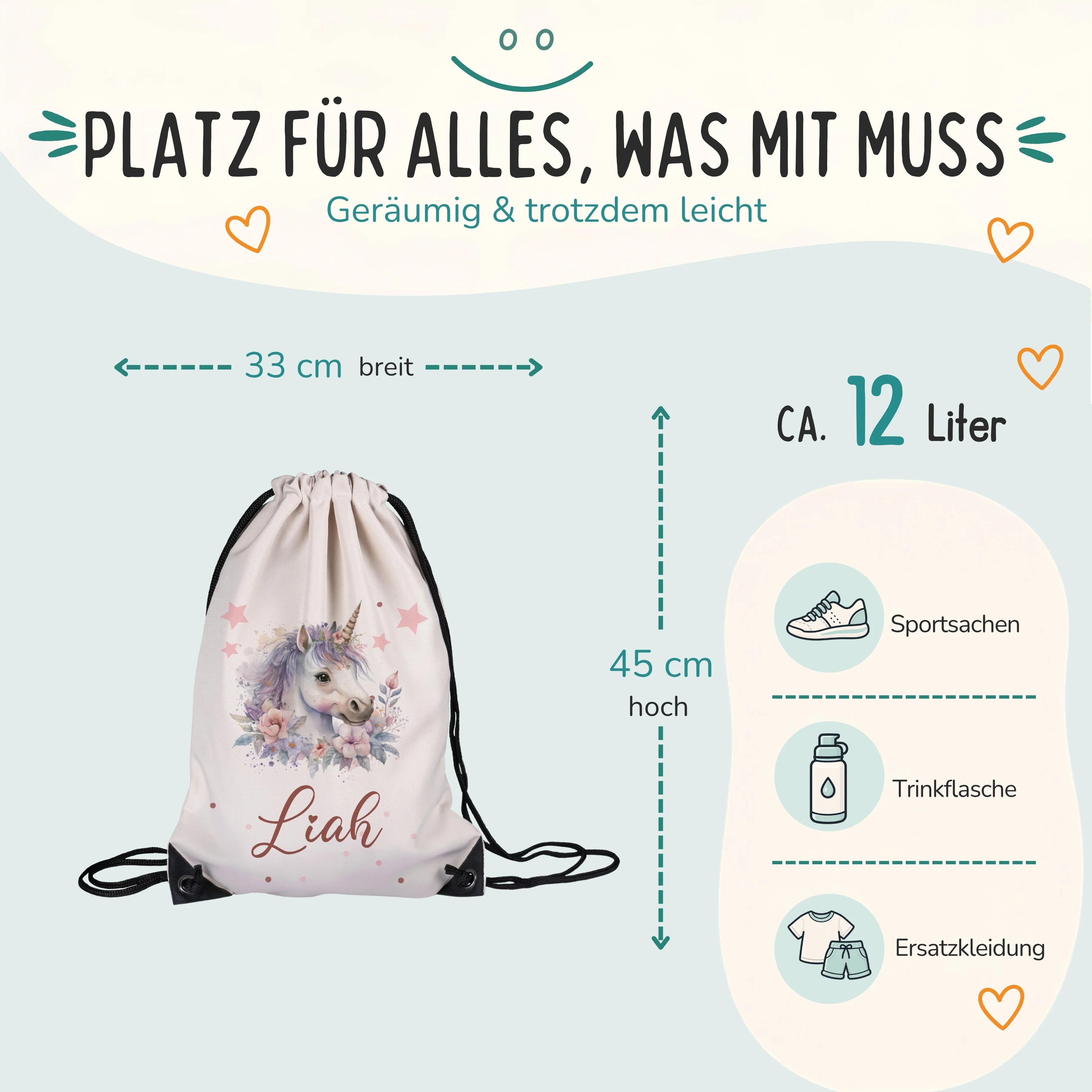Personalisierter Turnbeutel Einhorn mit Blumen, Größe 33 x 45 cm mit ca. 12 Liter Fassungsvermögen