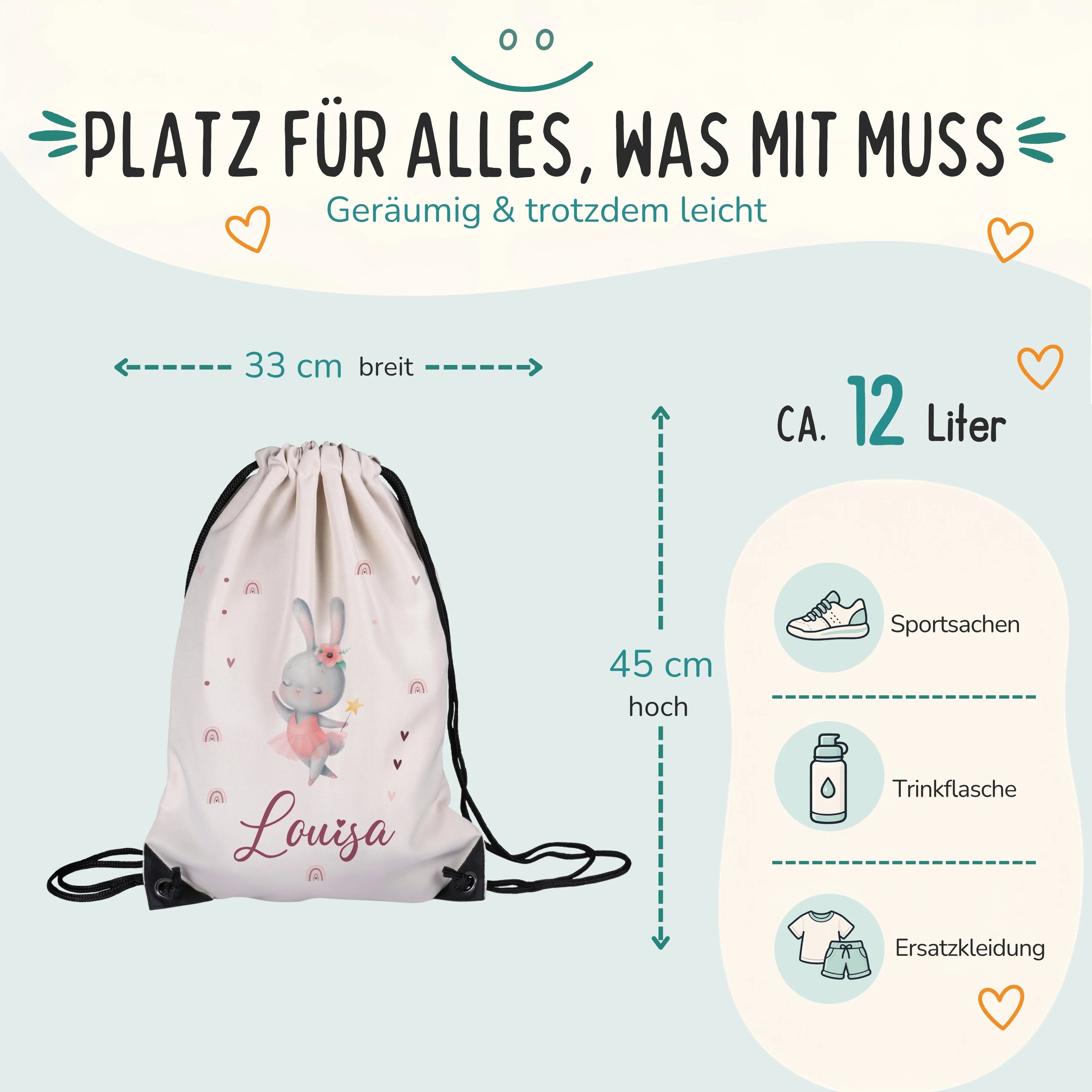 Personalisierter Turnbeutel Zauberhase, Größe 33 x 45 cm mit ca. 12 Liter Fassungsvermögen