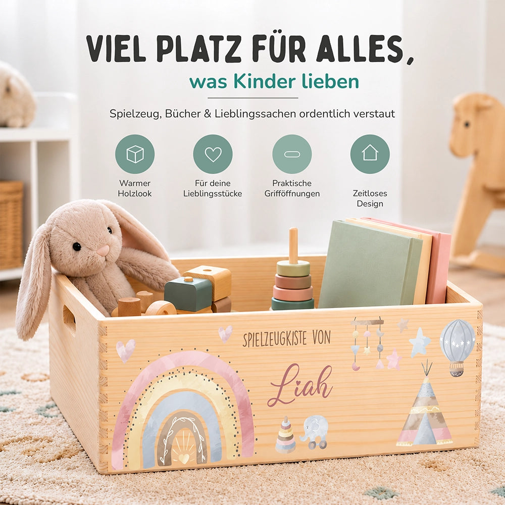 Spielzeugkiste personalisiert mit Namen - Baby Reh mit Regenbogen