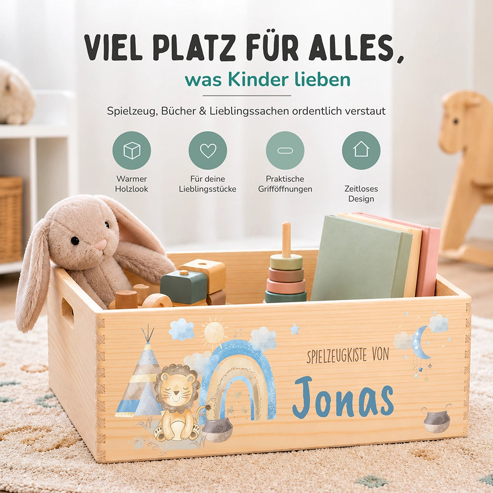Spielzeugkiste personalisiert mit Namen - Löwe mit Regenbogen
