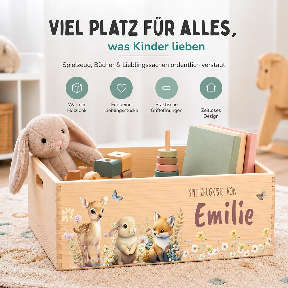 Spielzeugkiste personalisiert mit Namen - Fuchs, Hase und Reh