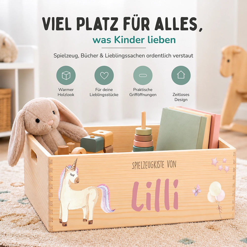 Spielzeugkiste personalisiert mit Namen - Einhornzauber
