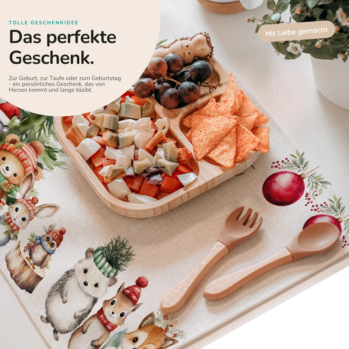 Tischset Kinder personalisiert Weihnachtsmotiv - Glückliche Tiergesellschaft