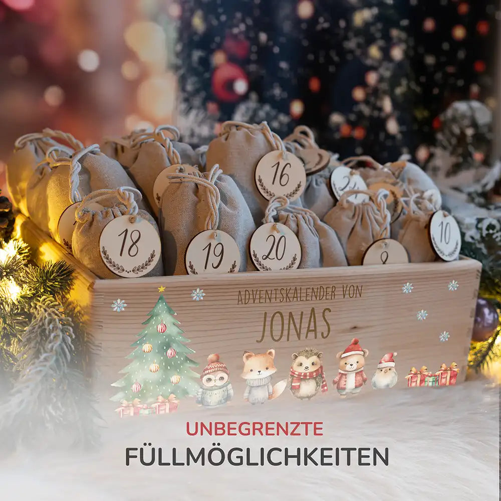 Adventskiste zum befüllen "Weihnachten mit Tierfreunden" personalisiert
