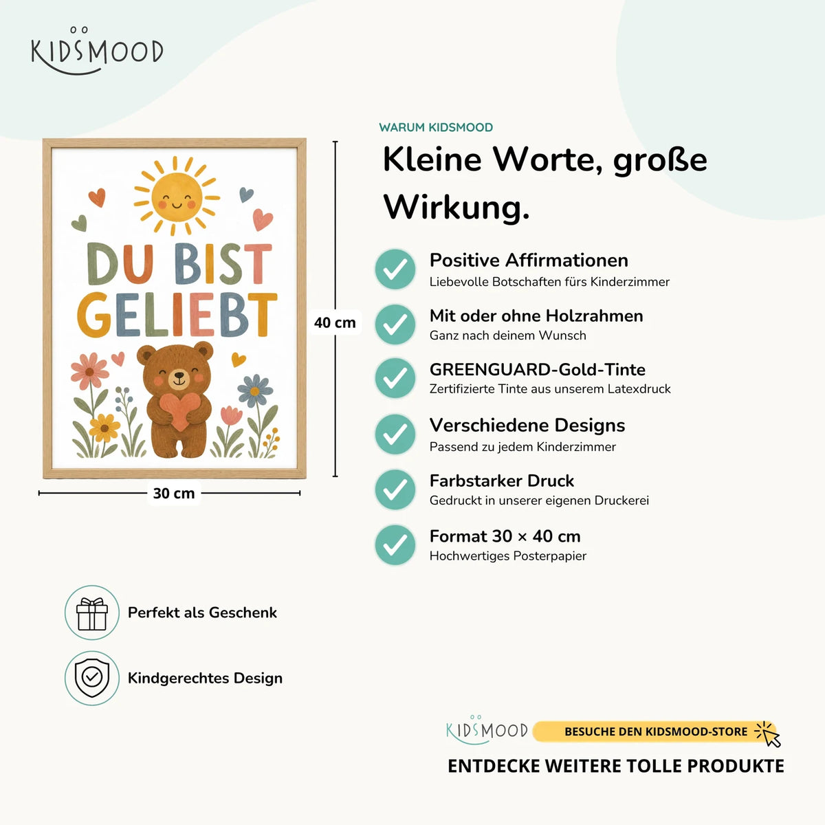 Affirmationsposter âBĂ€r Du bist geliebtâ im Ăberblick: 30 Ă 40 cm, mit oder ohne Holzrahmen, verschiedene Designs