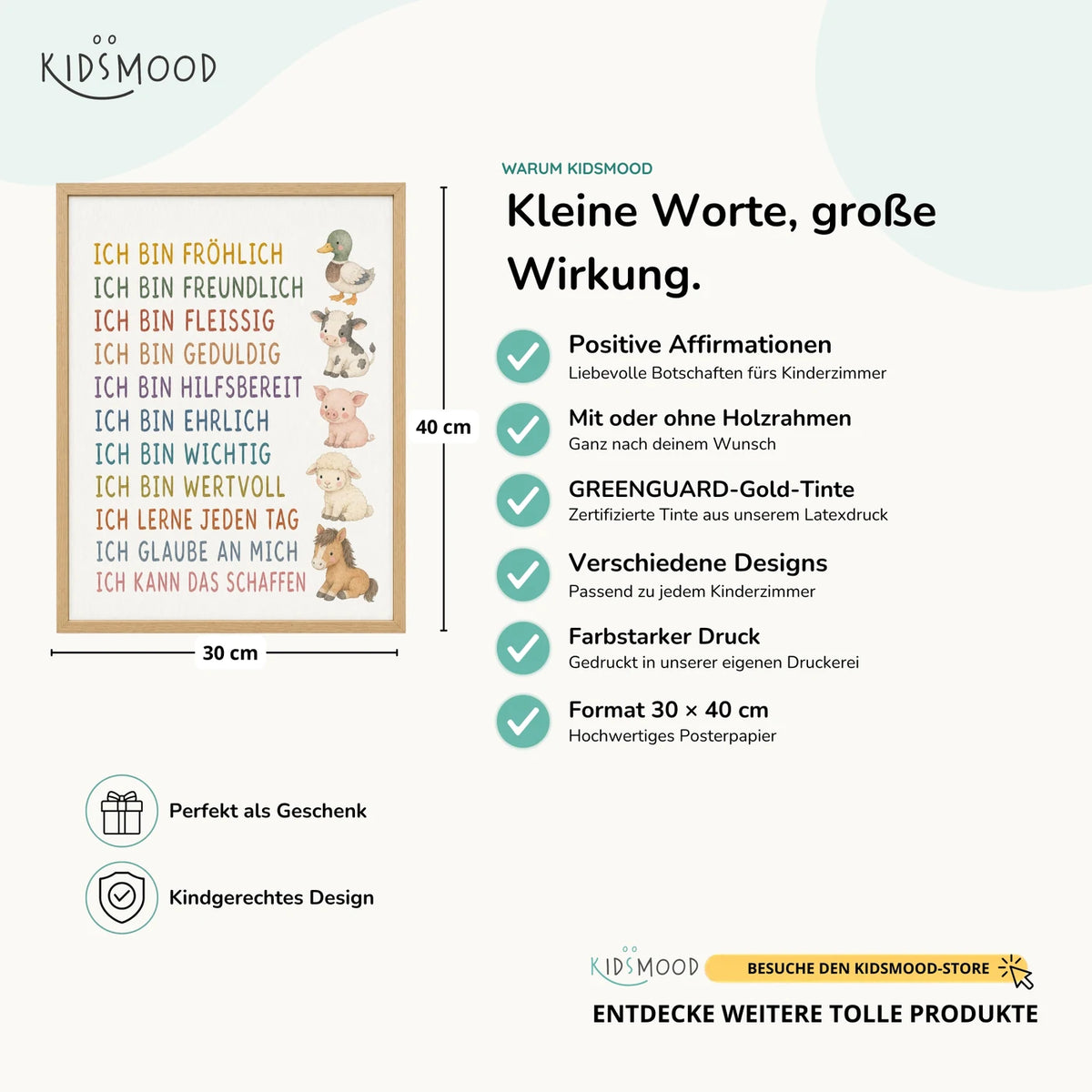 Affirmationsposter „Bauernhoftiere“ im Überblick: 30 × 40 cm, mit oder ohne Holzrahmen, verschiedene Designs