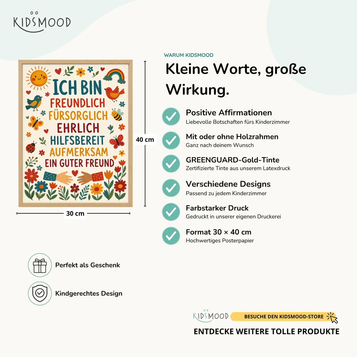 Affirmationsposter âBlumen Ich bin freundlichâ im Ăberblick: 30 Ă 40 cm, mit oder ohne Holzrahmen, verschiedene Designs