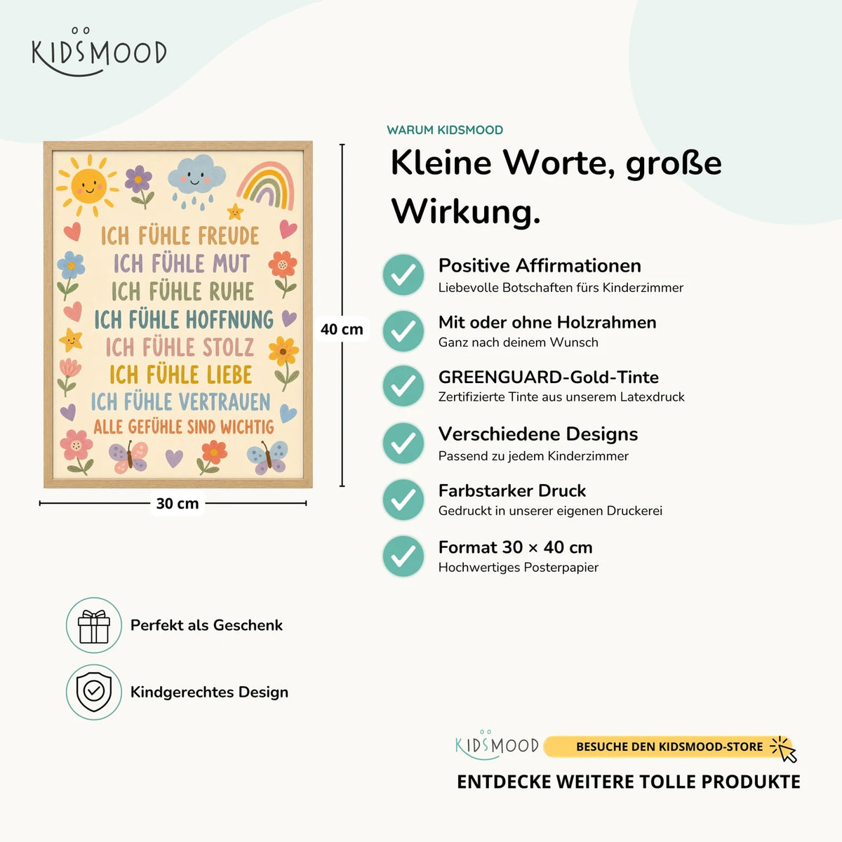 Affirmationsposter âBlumenwiese GefĂŒhleâ im Ăberblick: 30 Ă 40 cm, mit oder ohne Holzrahmen, verschiedene Designs