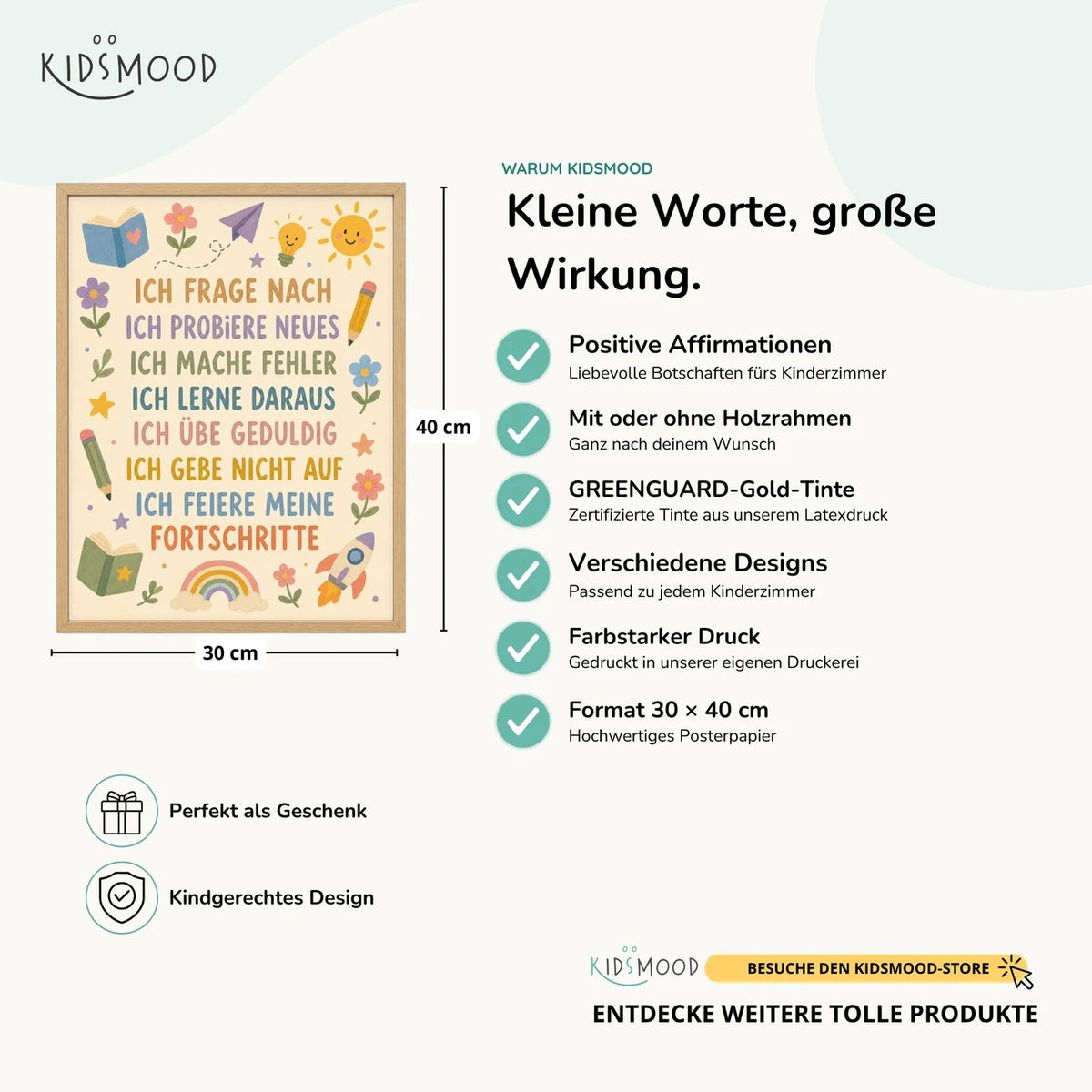 Affirmationsposter âBlumenwiese Ich frage nachâ im Ăberblick: 30 Ă 40 cm, mit oder ohne Holzrahmen, verschiedene Designs