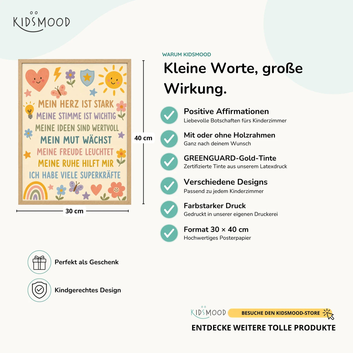 Affirmationsposter âBlumenwiese SuperkrĂ€fteâ im Ăberblick: 30 Ă 40 cm, mit oder ohne Holzrahmen, verschiedene Designs