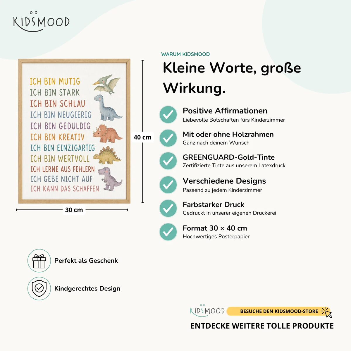 Affirmationsposter âDinosâ im Ăberblick: 30 Ă 40 cm, mit oder ohne Holzrahmen, verschiedene Designs