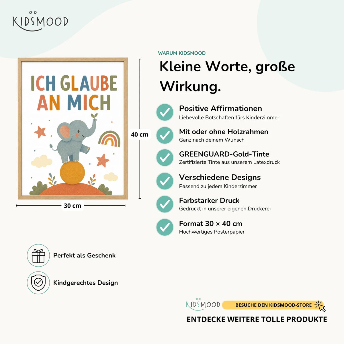 Affirmationsposter „Elefant Ich glaube an mich“ im Überblick: 30 × 40 cm, mit oder ohne Holzrahmen, verschiedene Designs