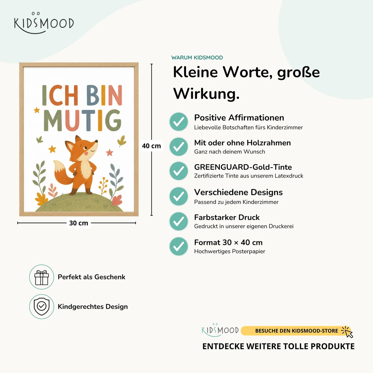 Affirmationsposter âFuchs Ich bin mutigâ im Ăberblick: 30 Ă 40 cm, mit oder ohne Holzrahmen, verschiedene Designs